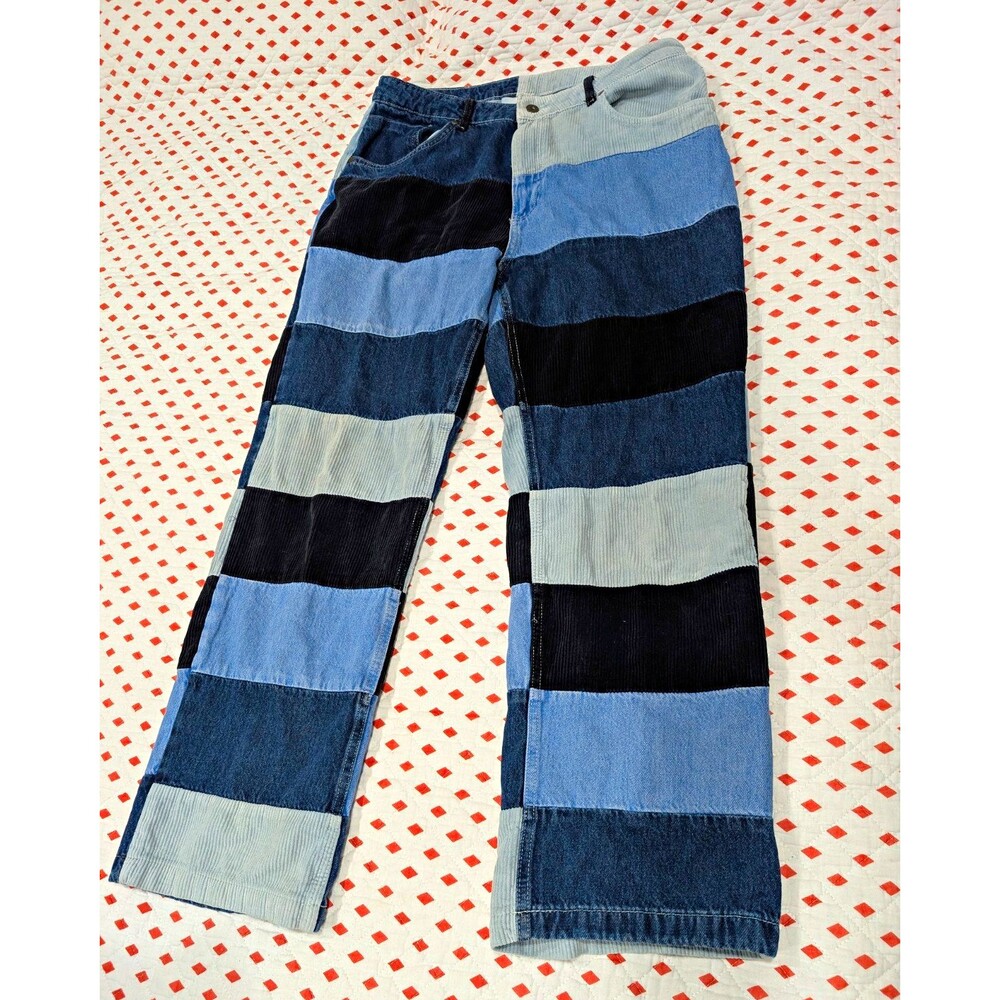 Ragged Men’s Patchwork Striped Corduroy Denim Jeans Blue/Black Straight